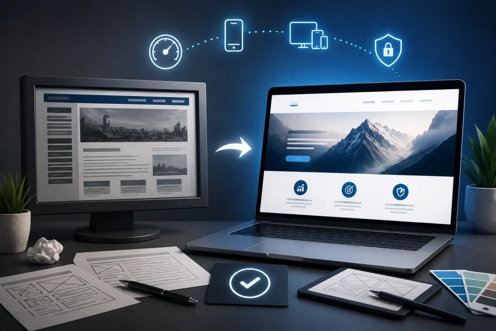Website redesign concept for businesses featuring improved website performance, responsive design, speed optimization, and enhanced user experience.